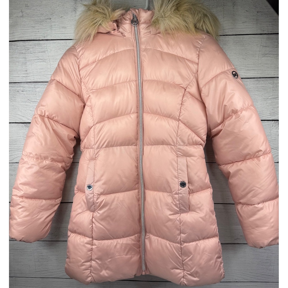 Michael Kors Youth Girl's Pink Puffer Coat Faux Fur Hood Winter Warm Size 16